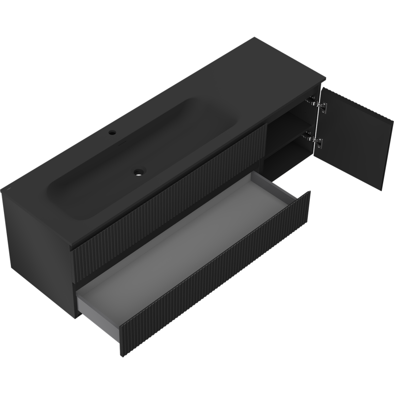 Mexen Rivel koupelnová skříňka 160 cm s umyvadlem Vela levá, 2S, 1D, žebrovaná, černá mat - 91A23-16047-3-BBFFF71-W23L71