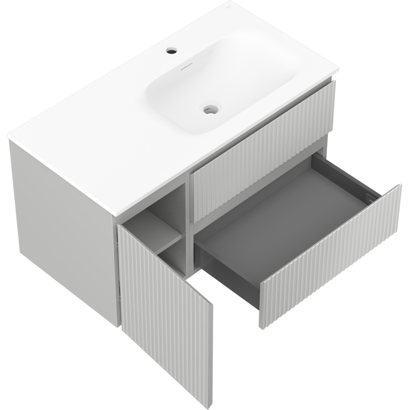Mexen Rivel koupelnová skříňka 90 cm s umyvadlem Vela pravá, 2S, 1D, drážkovaná, šedá matná/bílá matná
