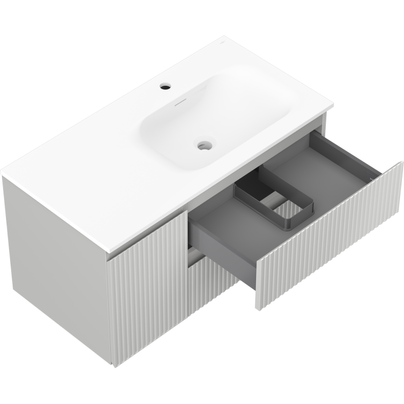 Mexen Rivel koupelnová skříňka 90 cm s umyvadlem Vela pravá, 2S, 1D, drážkovaná, šedá matná/bílá matná