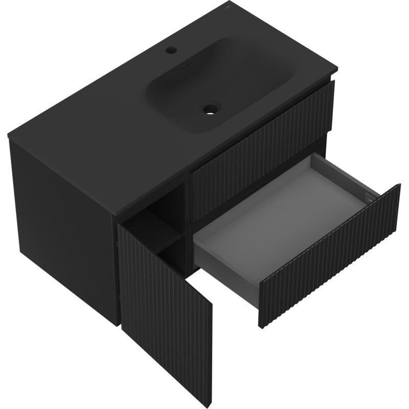 Mexen Rivel koupelnová skříňka 90 cm s umyvadlem Vela pravým, 2S, 1D, rýhovaná, černá mat - 91A23-09047-3-BBFFF71-W23P71