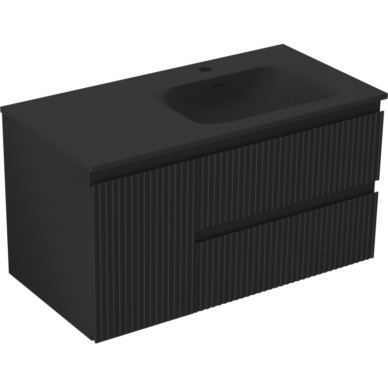 Mexen Rivel koupelnová skříňka 90 cm s umyvadlem Vela pravým, 2S, 1D, rýhovaná, černá mat - 91A23-09047-3-BBFFF71-W23P71