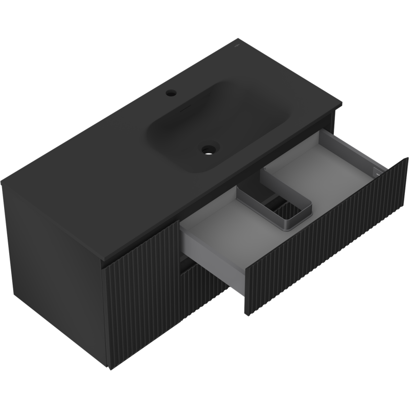 Mexen Rivel koupelnová skříňka 120 cm s umyvadlem Vela pravá, 2S, 1D, rýhovaná, černá mat - 91A23-10047-3-BBFFF71-W23P71