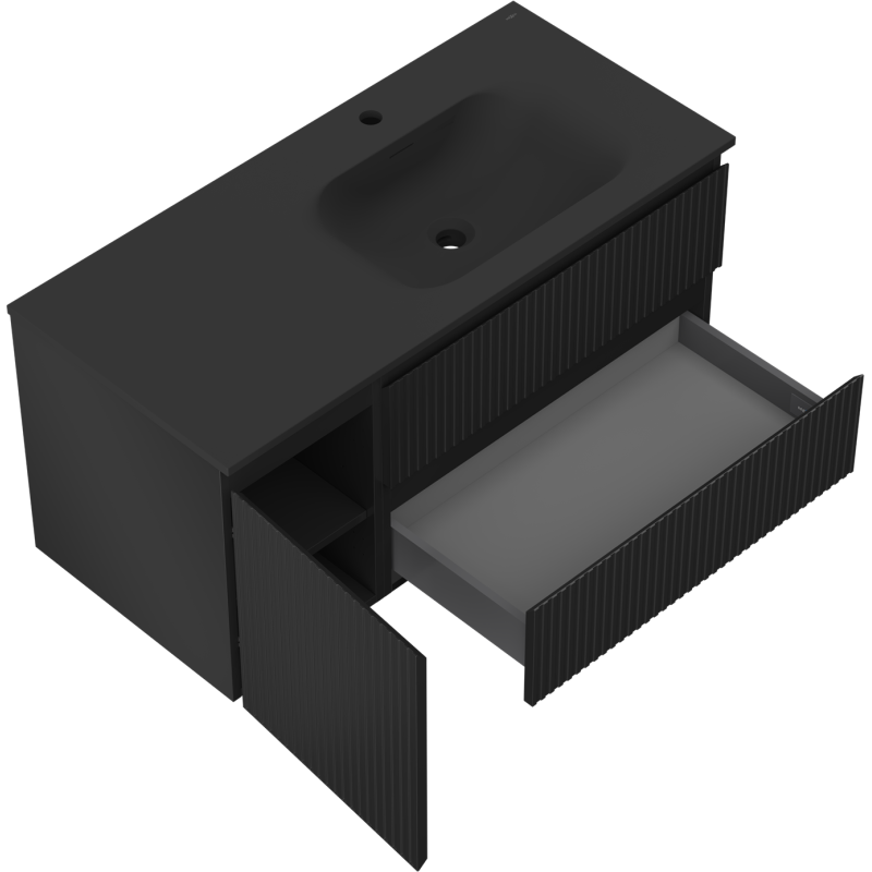 Mexen Rivel koupelnová skříňka 120 cm s umyvadlem Vela pravá, 2S, 1D, rýhovaná, černá mat - 91A23-10047-3-BBFFF71-W23P71