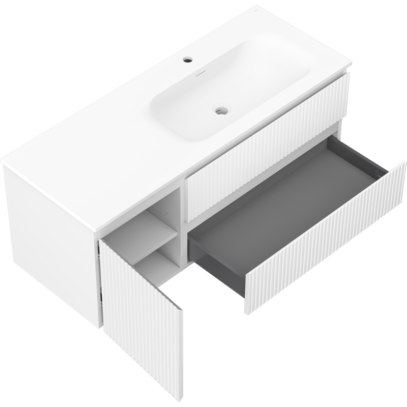 Mexen Rivel koupelnová skříňka 120 cm s umyvadlem Vela pravá, 2S, 1D, drážkovaná, bílá mat - 91A23-12047-3-BBFFF01-W23P01