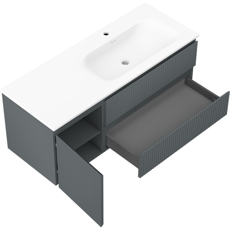 Mexen Rivel koupelnová skříňka 120 cm s umyvadlem Vela pravá, 2S, 1D, rýhovaná, grafit/bílá mat - 91A23-12047-3-BBFFF66-W23P01