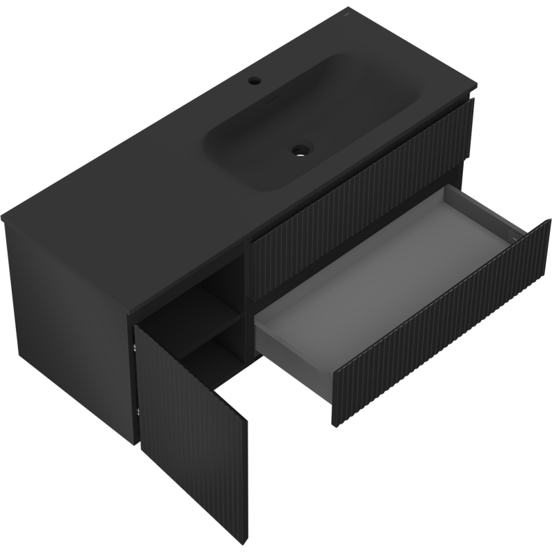 Mexen Rivel koupelnová skříňka 120 cm s umyvadlem Vela pravá, 2S, 1D, drážkovaná, černá mat - 91A23-12047-3-BBFFF71-W23P71