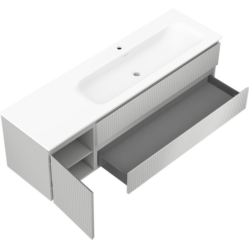 Mexen Rivel koupelnová skříňka 160 cm s umyvadlem Vela pravá, 2S, 1D, rýhovaná, šedá/bílá mat - 91A23-16047-3-BBFFF62-W23P01
