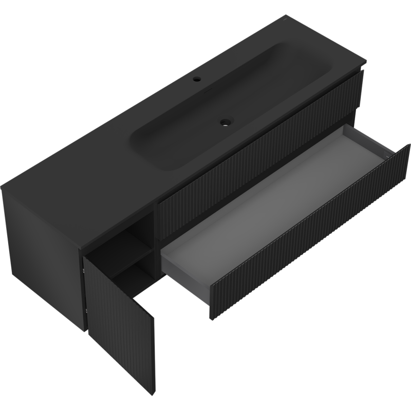 Mexen Rivel koupelnová skříňka 160 cm s umyvadlem Vela pravým, 2S, 1D, vroubkovaná, černá mat - 91A23-16047-3-BBFFF71-W23P71
