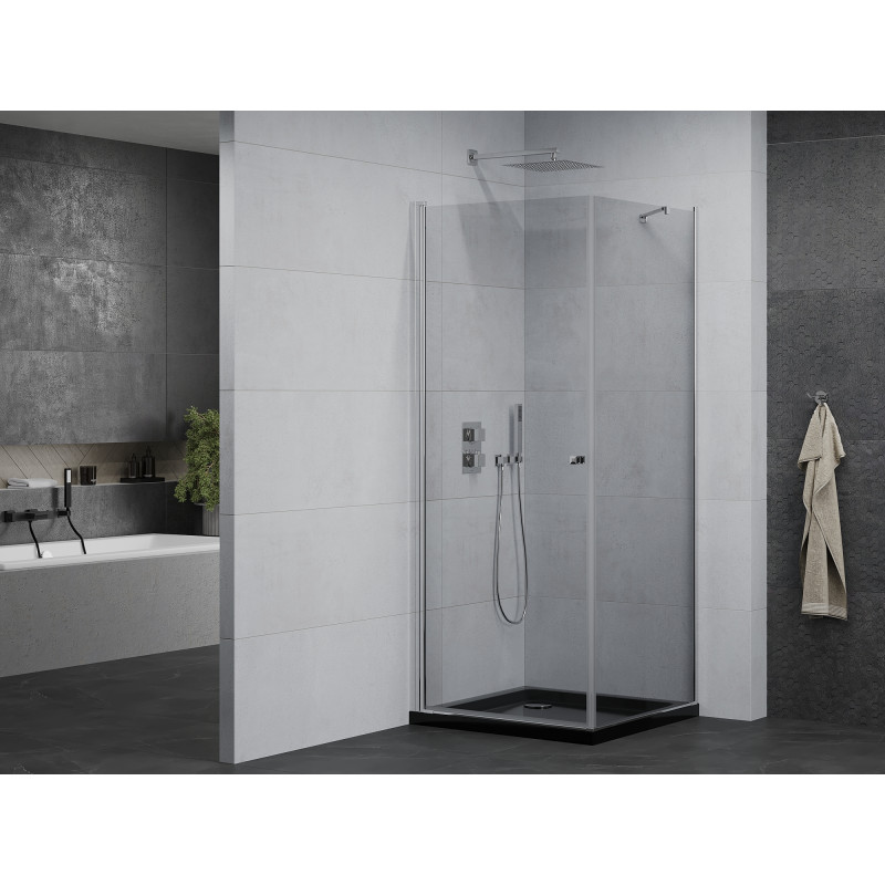 Mexen Pretoria sprchový kout otevírací 70 x 70 cm, transparentní, chrom + vanička Flat, černý - 852-070-070-01-00-4070