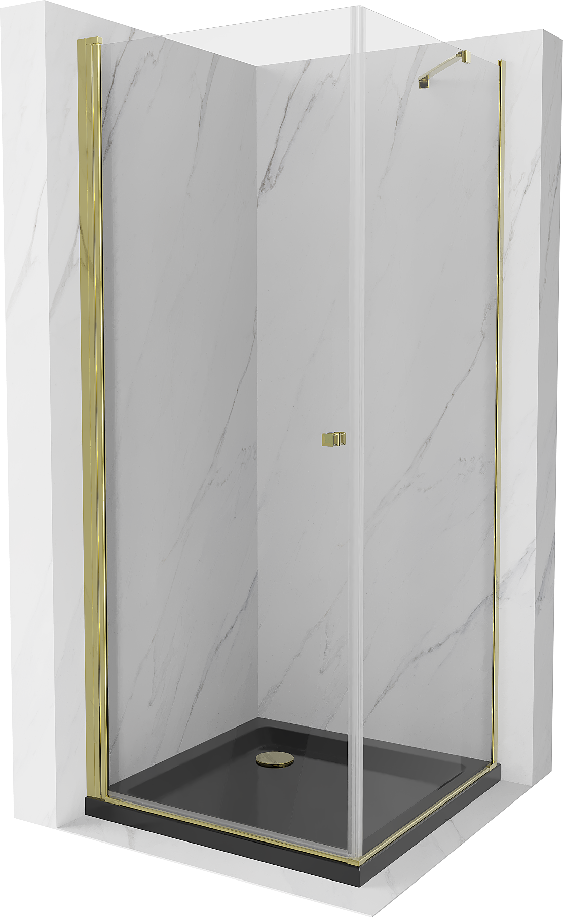 Mexen Pretoria sprchový kout s otočnými dveřmi 70 x 70 cm, průhledné, Zlatá+ vanička do sprchového kouta Flat, Černá - 852-070-0