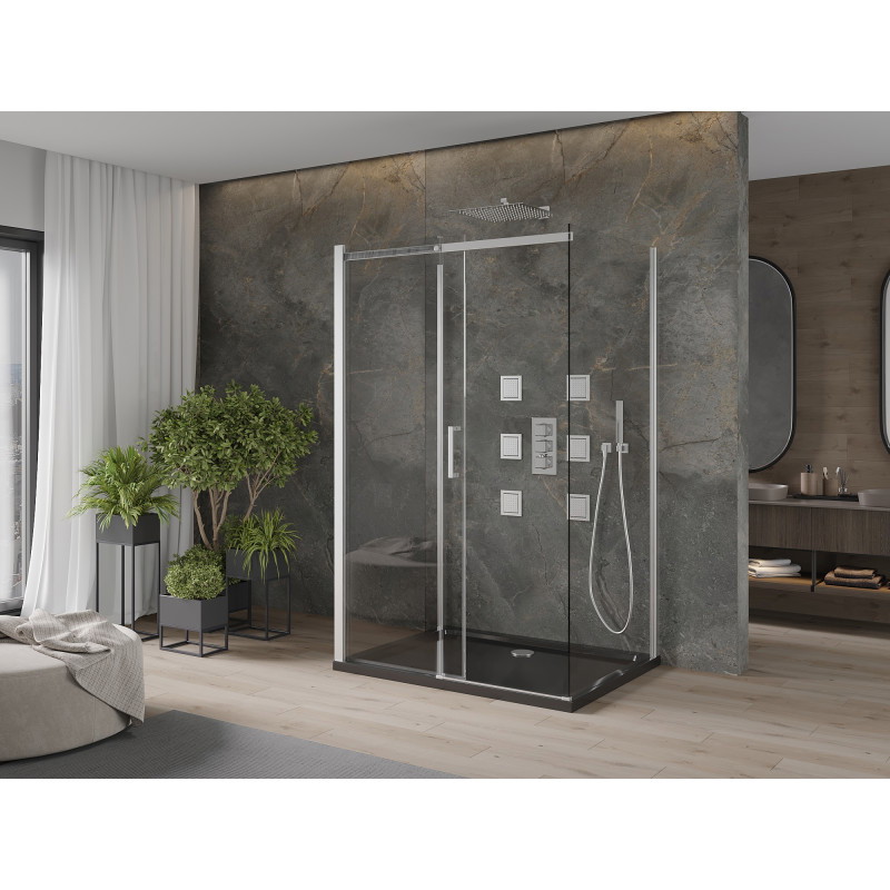 Mexen Omega-3S sprchový kout 3-stěnný, posuvný 110x90 cm, transparentní, chrom + sprchová vanička Flat
