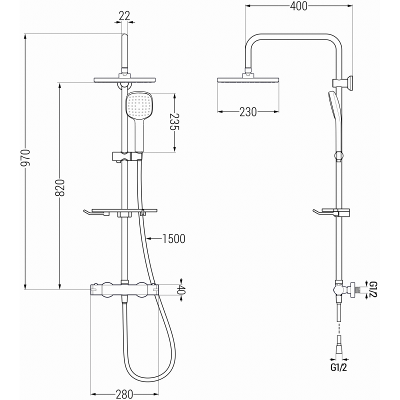 Mexen KT33 nástěnná sprchová sada s dešťovou sprchou a termostatickou baterií, bílá/chrom - 771503393-21