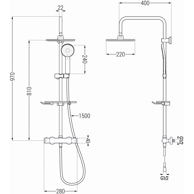 Mexen KT40 nástěnná sprchová souprava s dešťovou sprchou a termostatickou baterií, chrom - 771504093-00