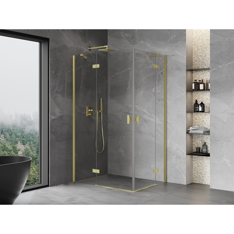 Mexen Mist-H Duo sprchový kout s výklopnými dveřmi vlevo 100 x 90 cm, čirý, kartáčované zlato - 8A5-100L-090P-55-00