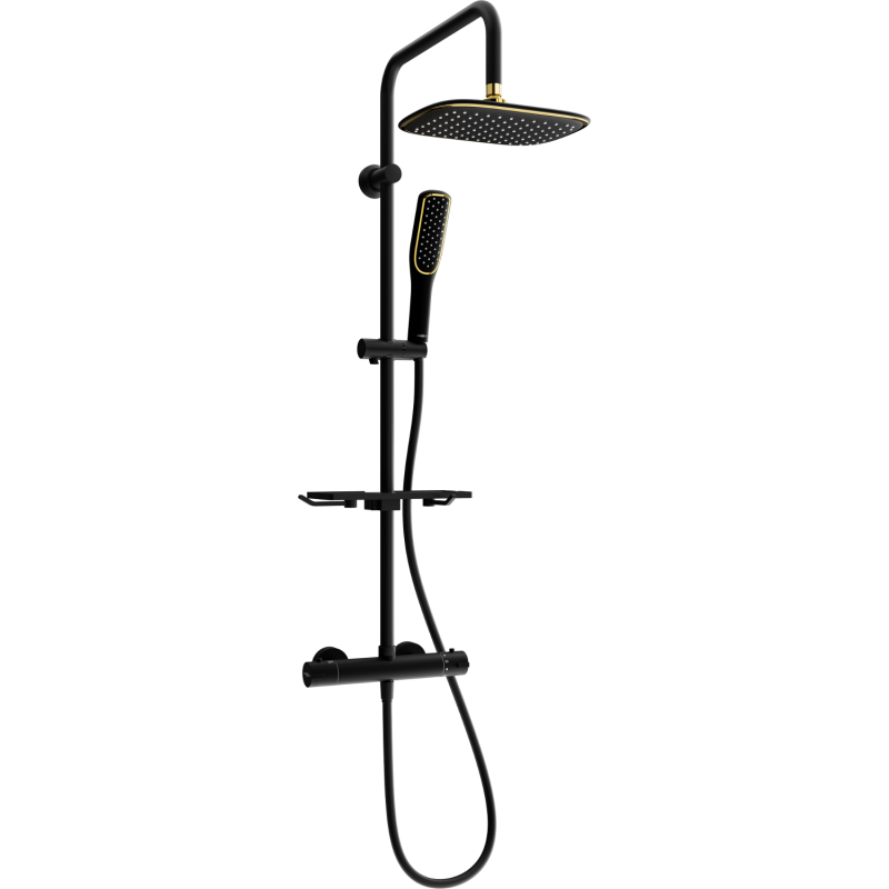 Mexen KT49 nástěnná sprchová sada s dešťovou sprchou a termostatickou baterií, černá/zlatá - 771504993-75