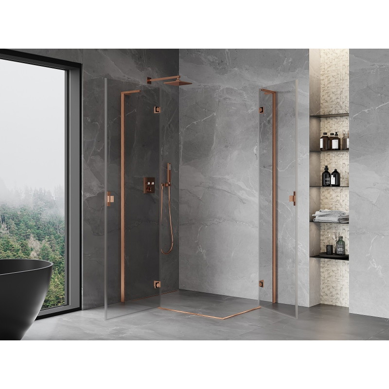 Mexen Mist-H L Duo levá sklopná sprchová kabina 90 x 70 cm, transparentní, kartáčovaná měď - 8A5L-090L-070P-65-00