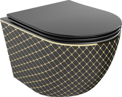 Mexen Lena mísa WC Rimless s pomalu sklápějícím sedátkem slim, duroplast, černá mat/zlatý vzor mřížka - 30224079