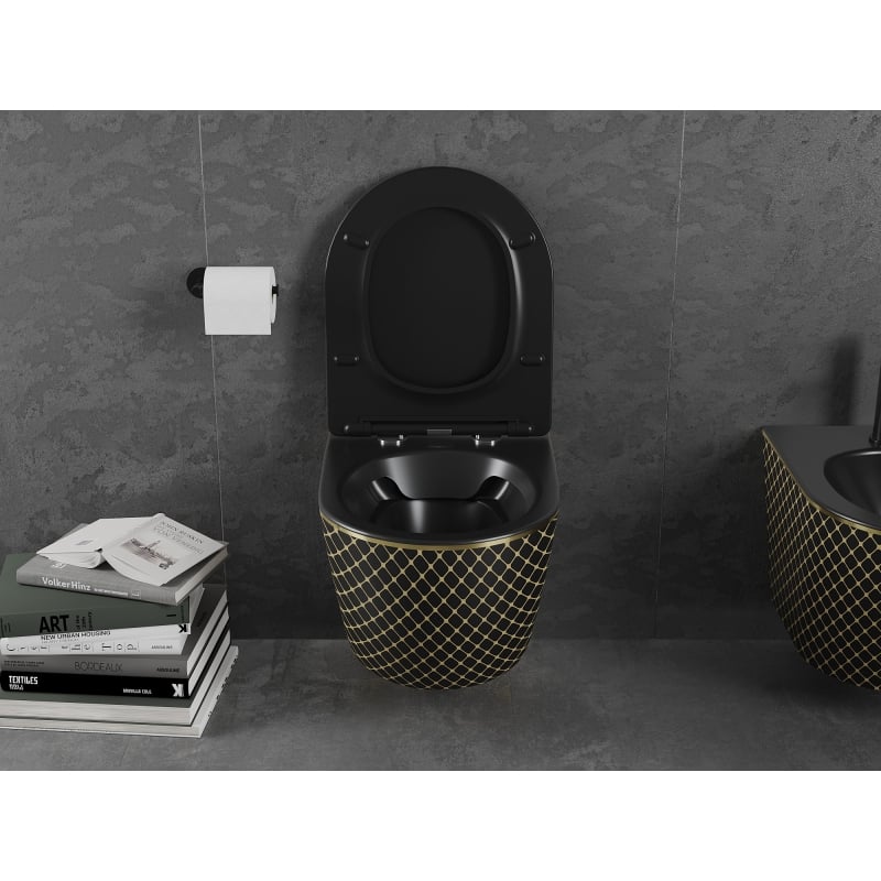 Mexen Lena WC mísa Rimless se záchodovým prkénkem s pomalým sklápěním slim, duroplast, černá mat/zlatý vzor mřížka