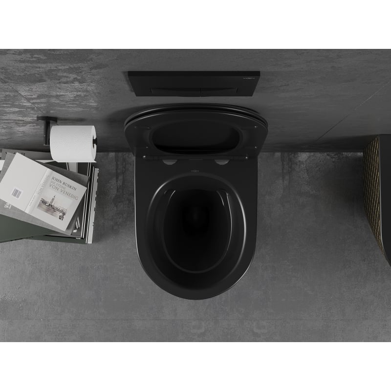 Mexen Lena WC mísa Rimless se záchodovým prkénkem s pomalým sklápěním slim, duroplast, černá mat/zlatý vzor mřížka