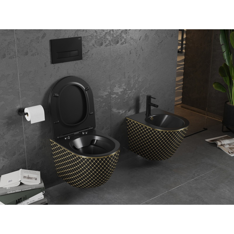 Mexen Lena wc mísa Rimless se sedátkem soft-close slim, duroplast, černá matná/zlatý vzor mřížka - 30224079
