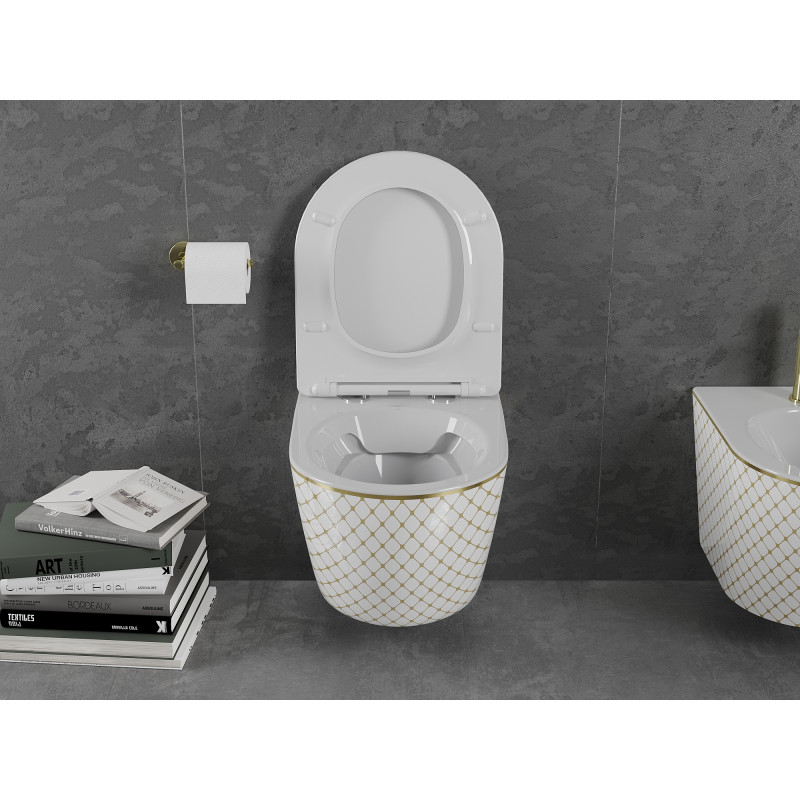 Mexen Lena WC mísa Rimless s pomalu sklápěcí deskou slim, duroplast, bílá/zlatá vzor mřížka - 30224009