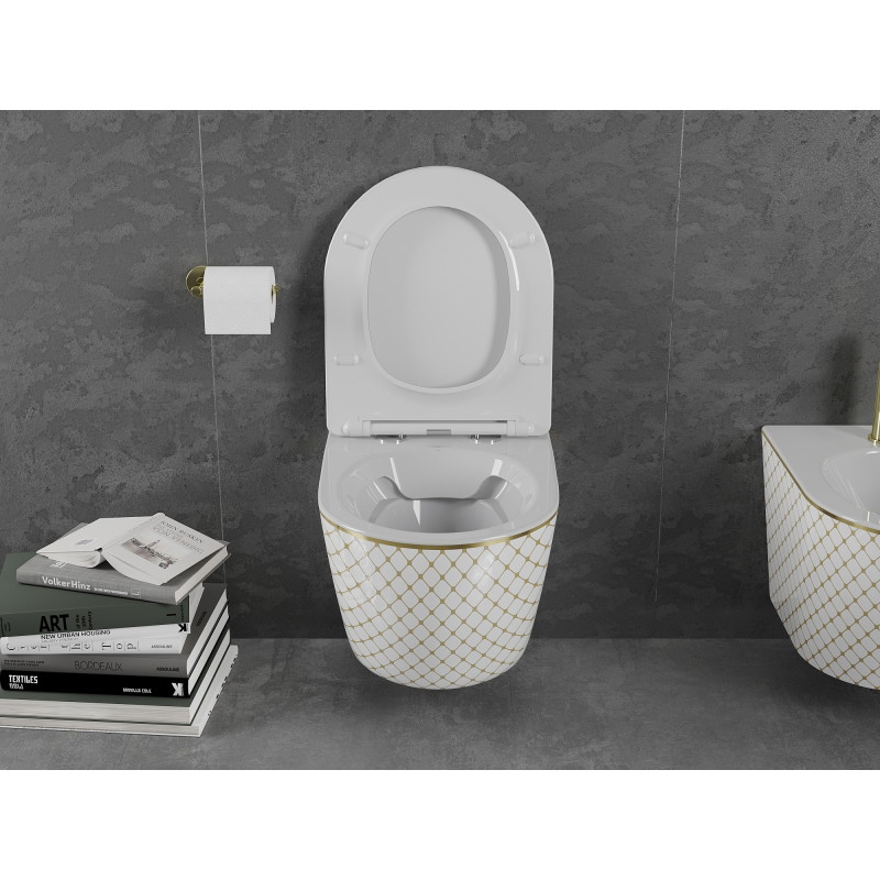 Mexen Lena WC mísa Rimless s pomalu zavíracím slim duroplastovým prkénkem, bílá/zlatá vzor mřížka - 30224009