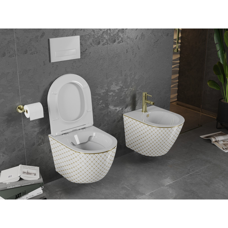 Mexen Lena WC mísa Rimless s pomalu sklápěcí deskou slim, duroplast, bílá/zlatá vzor mřížka - 30224009