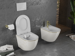 Mexen Lena WC mísa Rimless s pomalu zavíracím slim duroplastovým prkénkem, bílá/zlatá vzor mřížka - 30224009