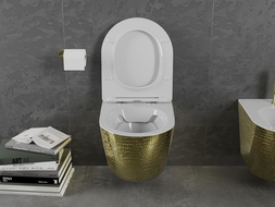 Mexen Lena WC mísa Rimless s pomalu padající deskou slim, duroplast, bílá/Zlatá vzor rybí kůže - 30224008