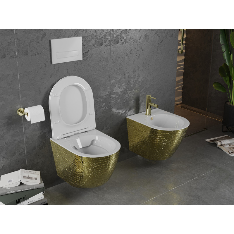 Mexen Lena wc mísa Rimless s pomalu sklápěcím prkénkem slim, duroplast, bílá/zlatý vzor šupiny - 30224008