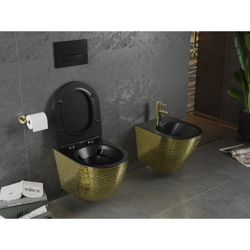 Mexen Lena WC mísa Rimless s pomalu sklopnou slim sedátkem, duroplast, černá matná/zlatý vzor šupin - 30224078