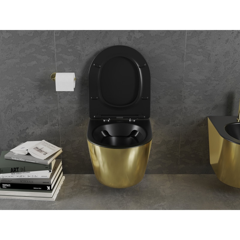 Mexen Lena WC mísa Rimless s pomalu padajícím tenkým sedátkem, duroplast, černá matná/zlatá - 30224076