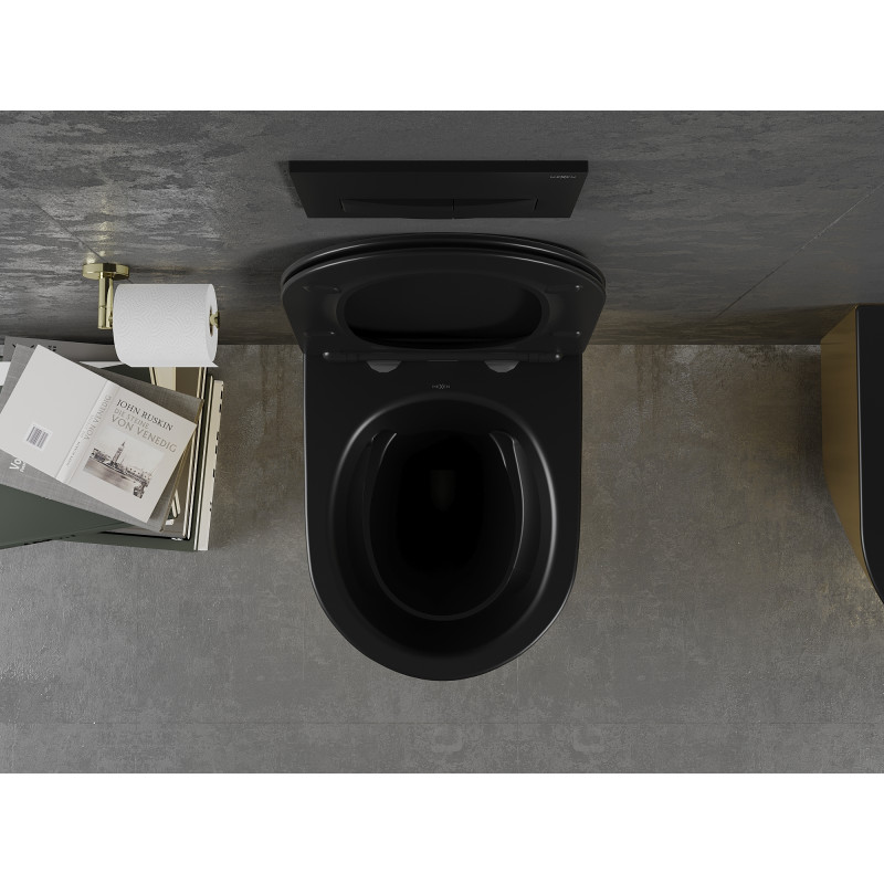 Mexen Lena WC mísa Rimless s pomalu padajícím tenkým sedátkem, duroplast, černá matná/zlatá - 30224076