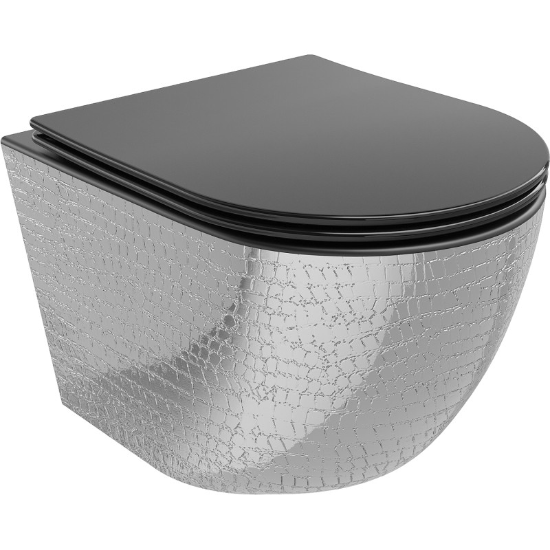Mexen Lena WC mísa Rimless s pomalu klesající deskou slim, duroplast, černá matná/stříbrný vzor šupiny - 30224072
