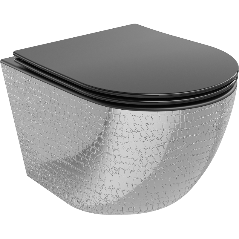 Mexen Lena WC mísa Rimless s pomalu sklapějícím sedátkem slim, duroplast, černá mat/srebrný vzor šupiny - 30224072