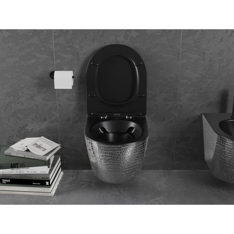 Mexen Lena WC mísa Rimless s pomalu klesající deskou slim, duroplast, černá matná/stříbrný vzor šupiny - 30224072