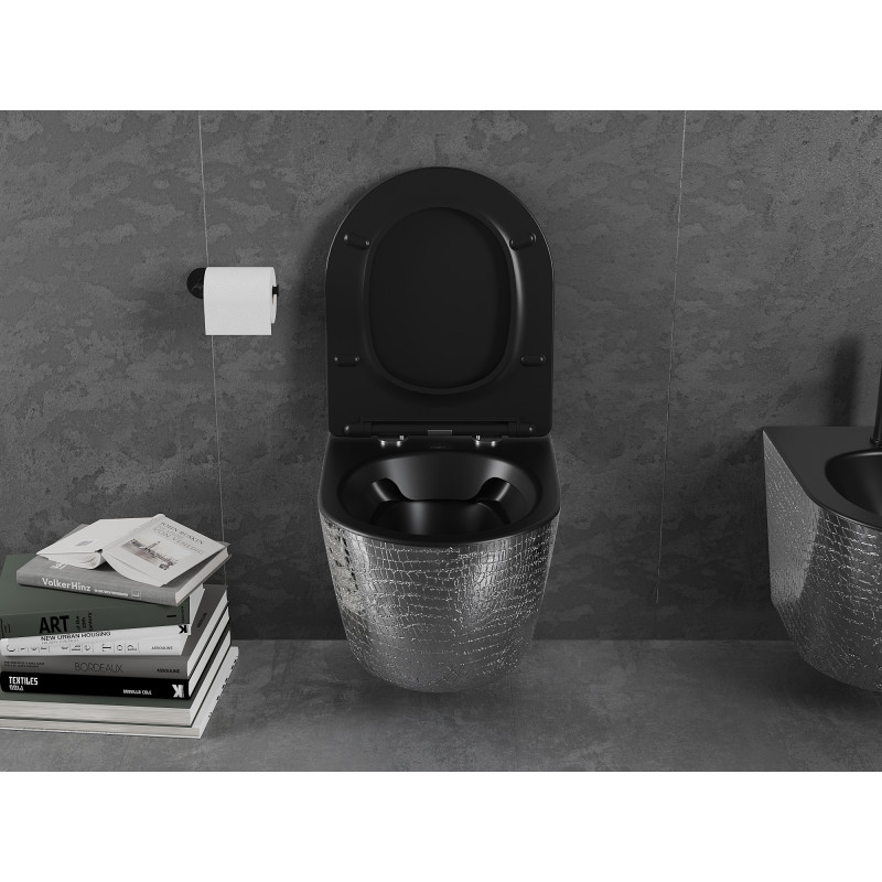 Mexen Lena wc mísa Rimless s pomalu padajícím sedátkem slim, duroplast, černá mat/stříbrný vzor šupiny - 30224072