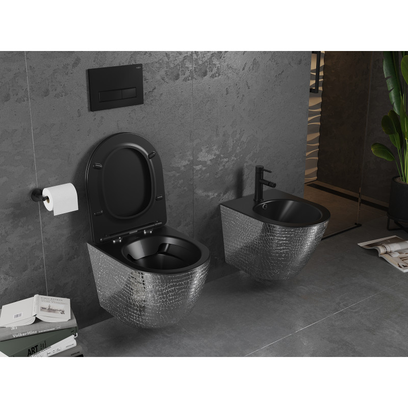 Mexen Lena wc mísa Rimless s pomalu padajícím sedátkem slim, duroplast, černá mat/stříbrný vzor šupiny - 30224072