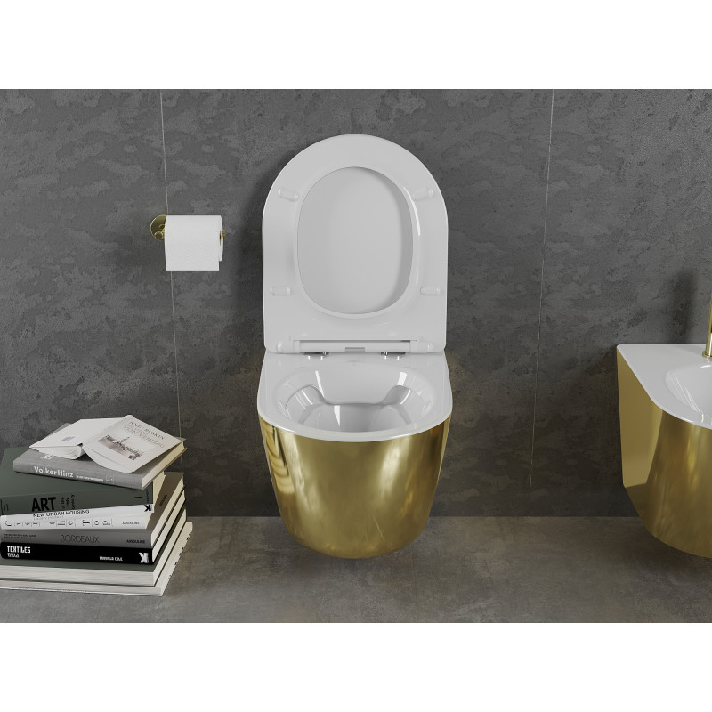 Mexen Lena WC mísa Rimless se záchodovým prknem s pomalým zavíráním slim, duroplast, bílá/zlatá - 30224006