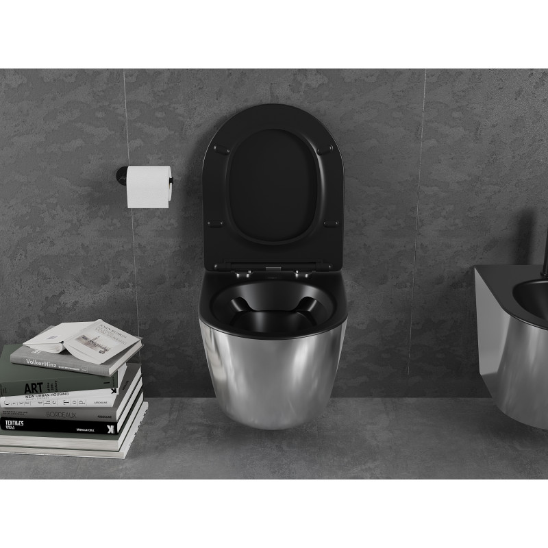 Mexen Lena WC mísa Rimless s pomalu padajícím slim sedátkem, duroplast, černá matná/stříbrná - 30224074