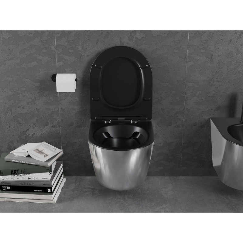 Mexen Lena WC mísa Rimless se sedátkem s pomalým zavíráním slim, duroplast, černá matná/stříbrná - 30224074