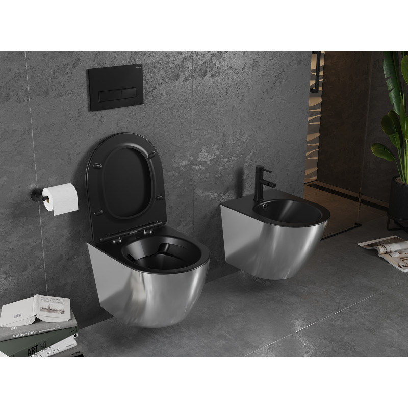 Mexen Lena WC mísa Rimless s pomalu padajícím slim sedátkem, duroplast, černá matná/stříbrná - 30224074