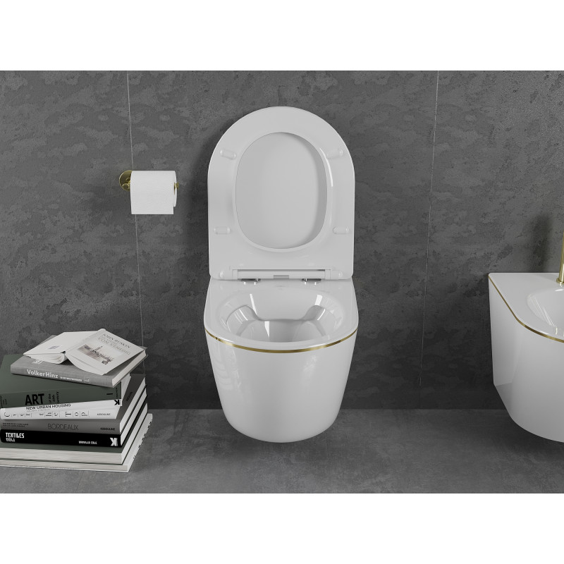 Mexen Lena WC mísa Rimless s pomalu sklápěcí deskou slim, duroplast, bílá/zlatá linie - 30224005