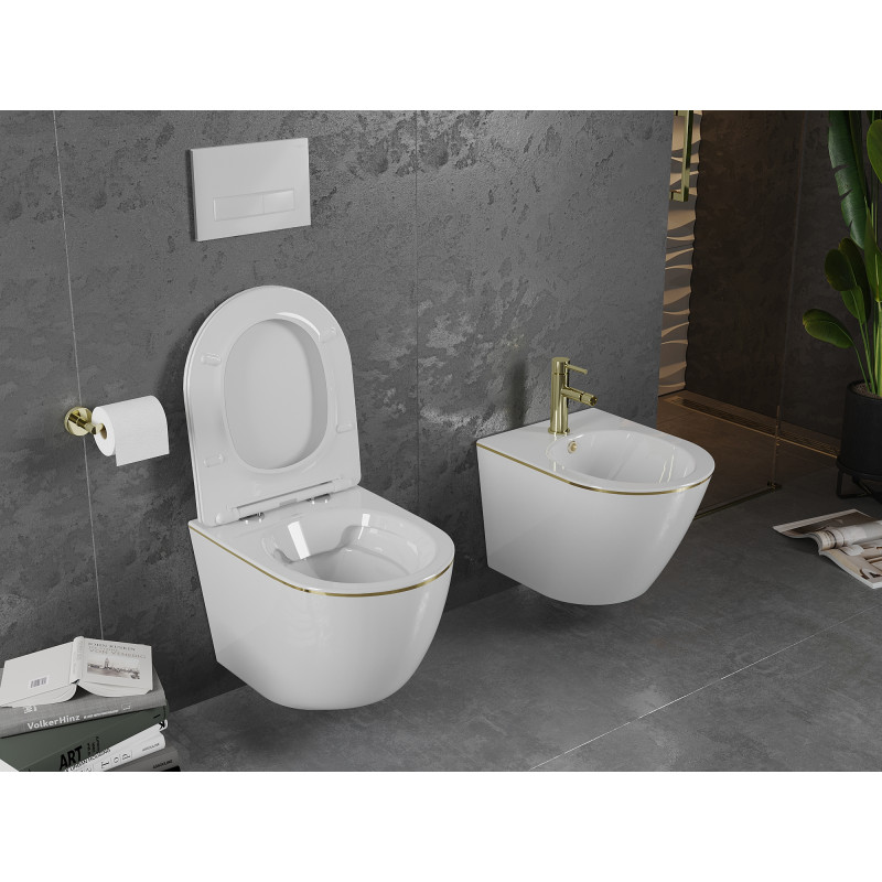 Mexen Lena WC mísa Rimless s pomalu sklápěcí deskou slim, duroplast, bílá/zlatá linie - 30224005