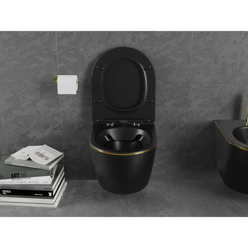 Mexen Lena WC mísa Rimless s pomalu klesající deskou slim, duroplast, černá matná/zlatá linka - 30224075