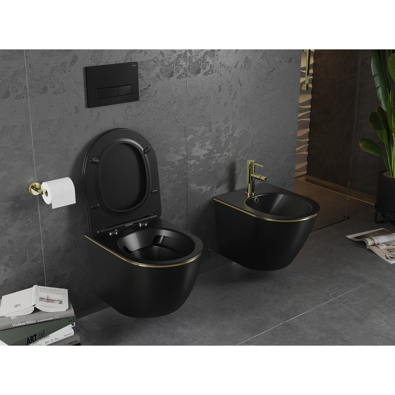 Mexen Lena WC mísa Rimless s pomalu klesající deskou slim, duroplast, černá matná/zlatá linka - 30224075