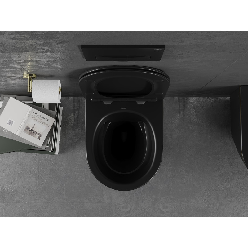 Mexen Lena WC mísa Rimless s pomalu klesající deskou slim, duroplast, černá matná/zlatá linka - 30224075