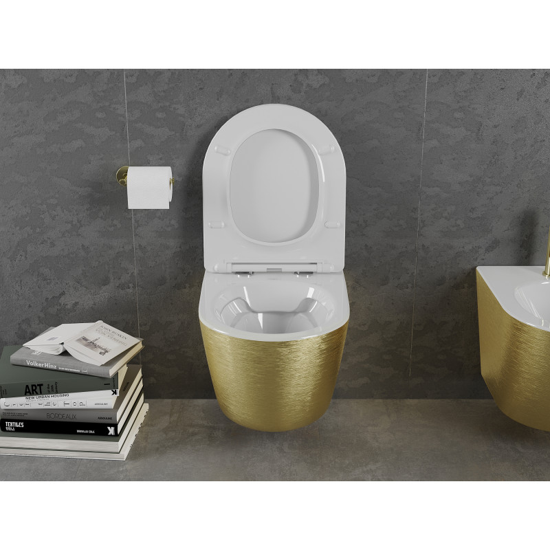 Mexen Lena WC mísa bezrámová s pomalu spouštěným sedátkem slim, duroplast, bílá/zlatá vzor linie - 30224007