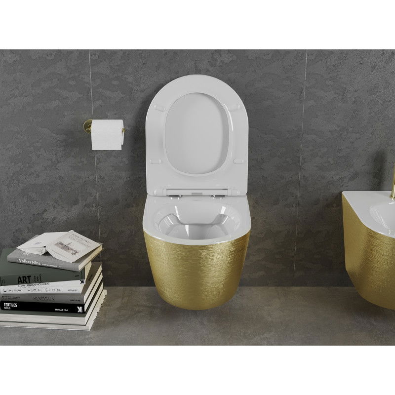 Mexen Lena WC mísa Rimless s pomalu klesající deskou slim, duroplast, bílá/zlatá vzor linie - 30224007
