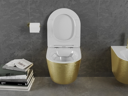 Mexen Lena WC mísa Rimless s pomalu padající deskou slim, duroplast, bílá/Zlatá geometrický vzor - 30224007
